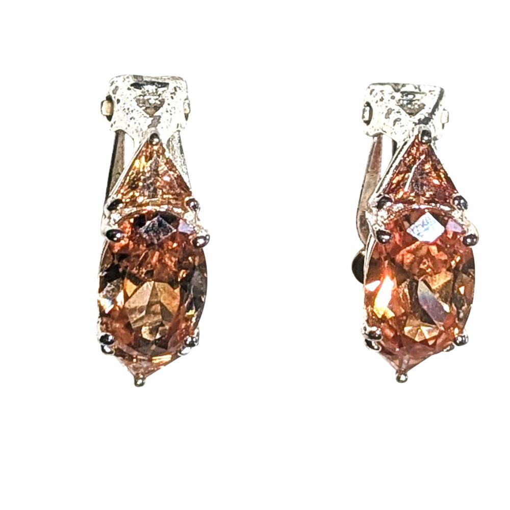 Sterling Silver Marquise Champagne Gem Earrings 1 Inch Elegant Sparkle Cip On - Picture 4 of 6